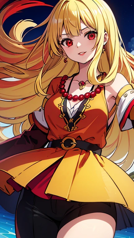 Beautiful anime girl, solo, 1girl, looking at viewer, cute, beautiful, red eyes, long hair, open hair, blonde hair, braided hair, StrawHat, one piece, smiling, light skin, red lips, anime, best quality, masterpiece, extremely detailed, 4k, red eyes, beautiful red eyes, detailed face, detailed eyes, golden necklace, golden earings, standing, extremely beautiful, high quality eyes, hair covering one eye, wanostyle, ((masterpiece)), (best quality), (extremely detailed), depth of field, sketch, dark intense shadows, sharp focus, soft lighting, hdr, colorful, good composition, spectacular, (Highest quality illustrations:1.2), (Kawaii Girl:1.1), (1girl in, solo:1.5), One pose、Neat and clean image、ultradetailed eyes:1.2), ((red-eyed、Blonde hair:1.5))、hair wavy、curlyhair, hair wavy、BREAK(top-quality、ultra-detailliert、highly detailed and beautiful、超A high resolution、Detailed arm:1.2)、a closeup, Wink, ocean beach background, pirate, high quality jewelry, thin body, black top, open red coat, black pants, cowboy shot