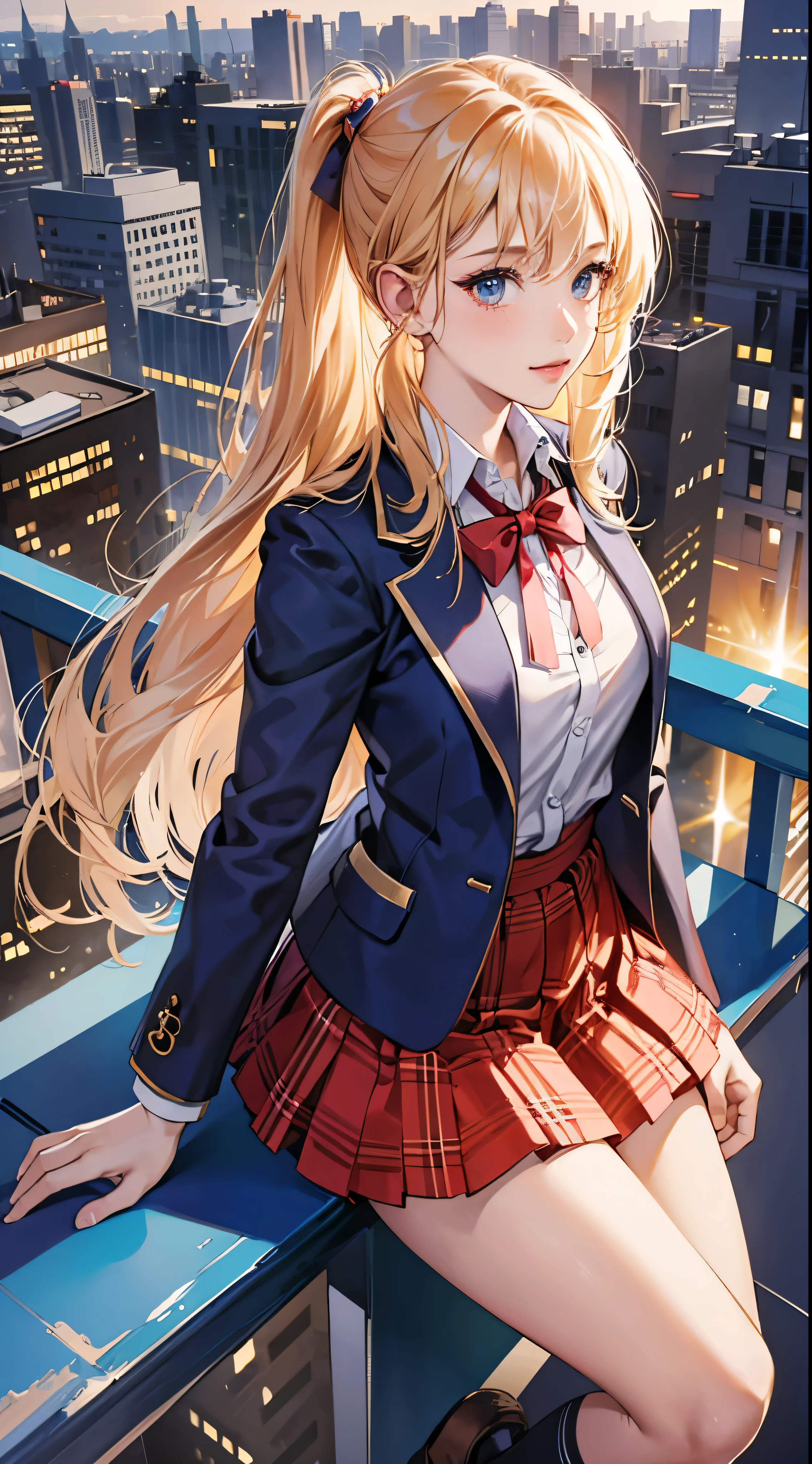 Beautiful high school girl beauty contest finalyto((masterpiece)), ((Highest quality)), ((High resolution)), ((Ultra-high definition CG Unity 8K wallpaper)), solo, Orange, Blue blazer and skirt set, White socks, A small smile, Full-body high-resolution image on the rooftop,Facial details