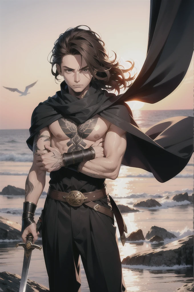 1 Boy, Male focus, sword, arms, alone, cape, bird, traditional media, Tattoo, Sunset, brown hair, black hair, scarf, long hair, water, Waves,
masterpiece, best quality, 8K