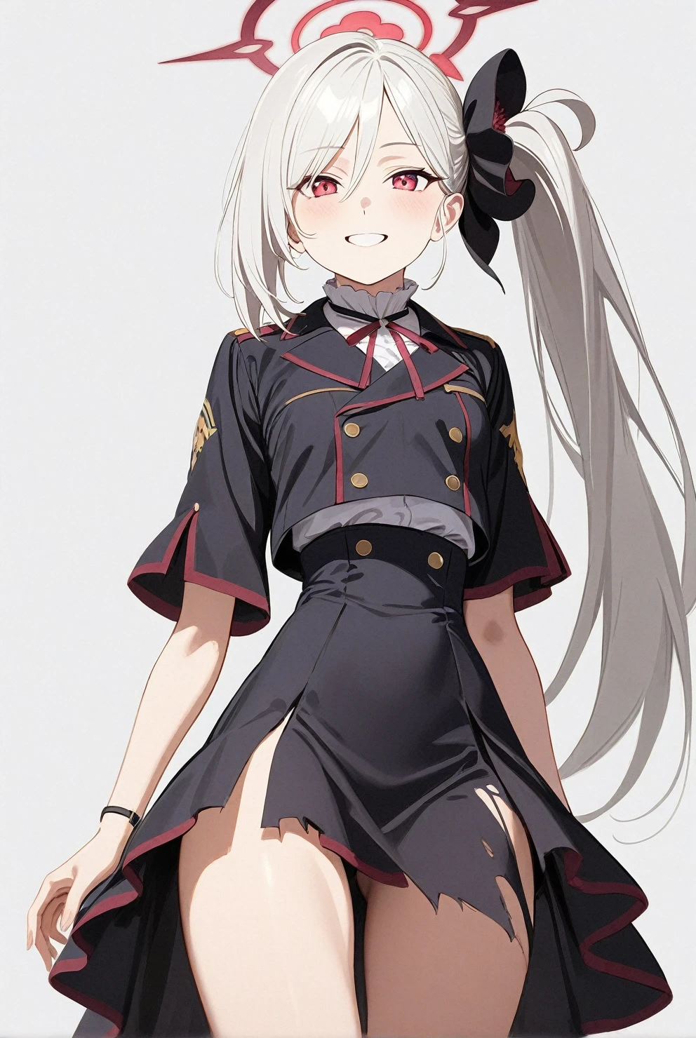 best quality, amazing quality, very aesthetic, absurdres, (1girl, mutsuki, blue archive, solo, red eyes, white hair, side ponytail), (realistic face:0.7), (smile, torn skirt), (cowboy shot), (glowing eyes:1.2), (half closed eyes:0.9), (thigh),perfect face, 4k, extremely detailed eyes, perfect anatomy, light rays, extremely delicate body, smooth skin, (gray background:1.5), clear eyes, beautiful face, small breasts, (Chiaroscuro:1.5), (highres:1.8), cinematic