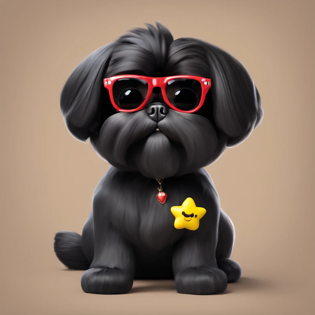 2 Adorable small black Shih Tzu puppies wearing bright sunglasses running on beach Disney background 3d cartoon 3d render disney pixar style