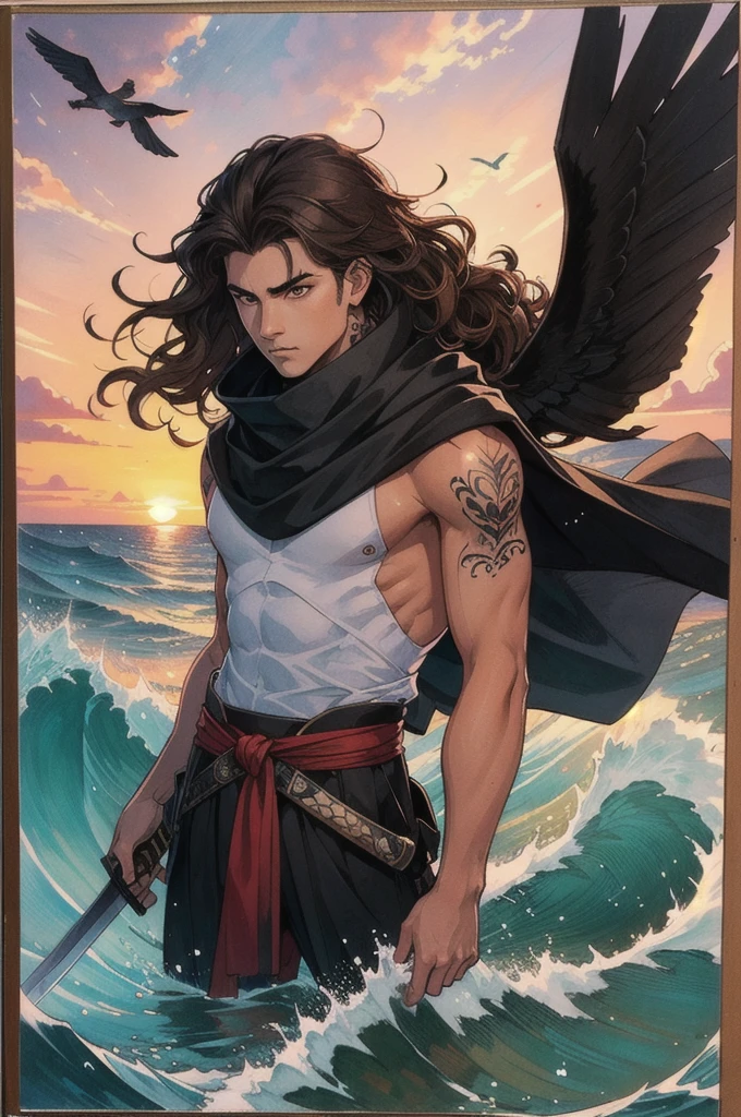 1 Boy, Male focus, sword, arms, alone, cape, bird, traditional media, Tattoo, Sunset, brown hair, black hair, scarf, long hair, water, Waves, masterpiece, best quality,  