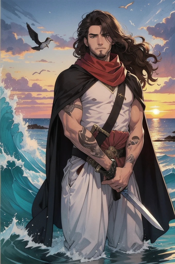 1 Boy, Male focus, sword, arms, alone, cape, bird, traditional media, Tattoo, Sunset, brown hair, black hair, scarf, long hair, water, Waves, masterpiece, best quality,  