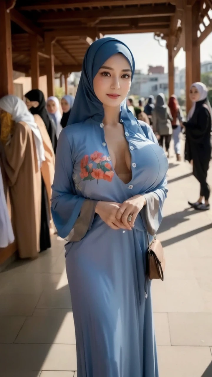 (((high detailed skin,visible pores))), dreamlike, (ulzzang-6500-v1.1:0.5),pureerosface_v1:0.2, face close-up, 1 girl, tall body, slim faces, body abs:1.2, Luna Maya, 30 years old, blushing, hijab ( the hijab covered the hair ), (8K, raw photo, highest quality, flying fragments: 1.2), (reality, realita: 1.4), sharp focus on something big, slim faces, medium breasts, shy smile, visible pores, cinematic lighting, bright light, eye beauty details, shiny and smooth skin, red lipstick, shiny skin, super dense skin, high resolution, complicated hijab, detailed style, detailed beauty face, very realistic, perfect body parts, perfect anatomy, 1 Japanese girl, famous Japanese idol, perfect female body, beautiful eyes, short eyelashes, double eyelids, look straight towards here, wearing white scrunchie, wearing a long dusty blue Malay gamis, walking, standing upright and facing me, so the whole body can be seen, autumn season, abaya clothes, looking straight at me, wearing a scarf, view of the flowers garden, brick road, focus look at me
