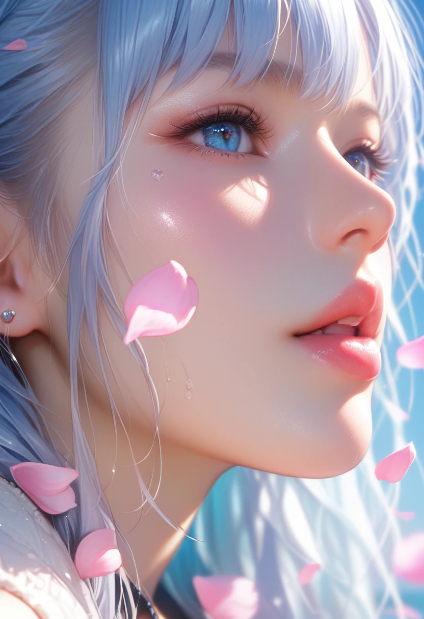 score_9, score_8_up, score_7_up, Girl's profile picture, light blue long hair with bangs, light pink petals on cheeks, realistic skin texture, detailed picture, close-up, HD32k