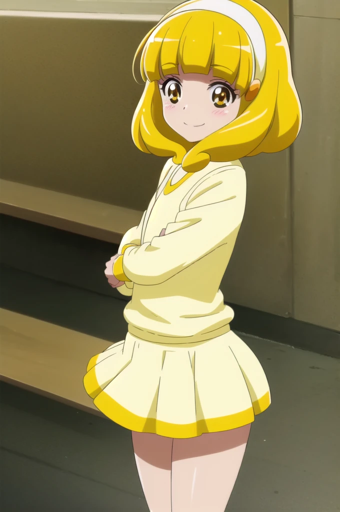 score 9, score 8 up, score 7 up, rating questionable, detailed background, wide hips, shiny skin, blush, smile, yayoikise, yayoi kise, short hair, blonde hair, (yellow eyes:1.3), hairband, white hairband,