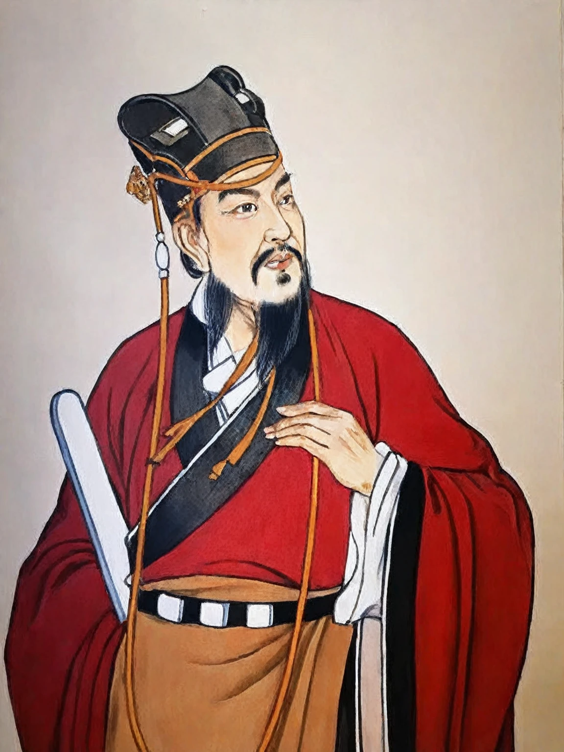 In the painting, a man in a red robe、Man holding a knife, Emperor Xuande, Inspired by Wu Daozi, Inspired by Wu Bin, inspired Emperor Xuande, Inspired by Zhao Yuan, Inspired by Li Cheng, Inspired by Ma, Confucius and Trial by Jury, inspired by Cao Zhibai, Inspired by Dong Yuan