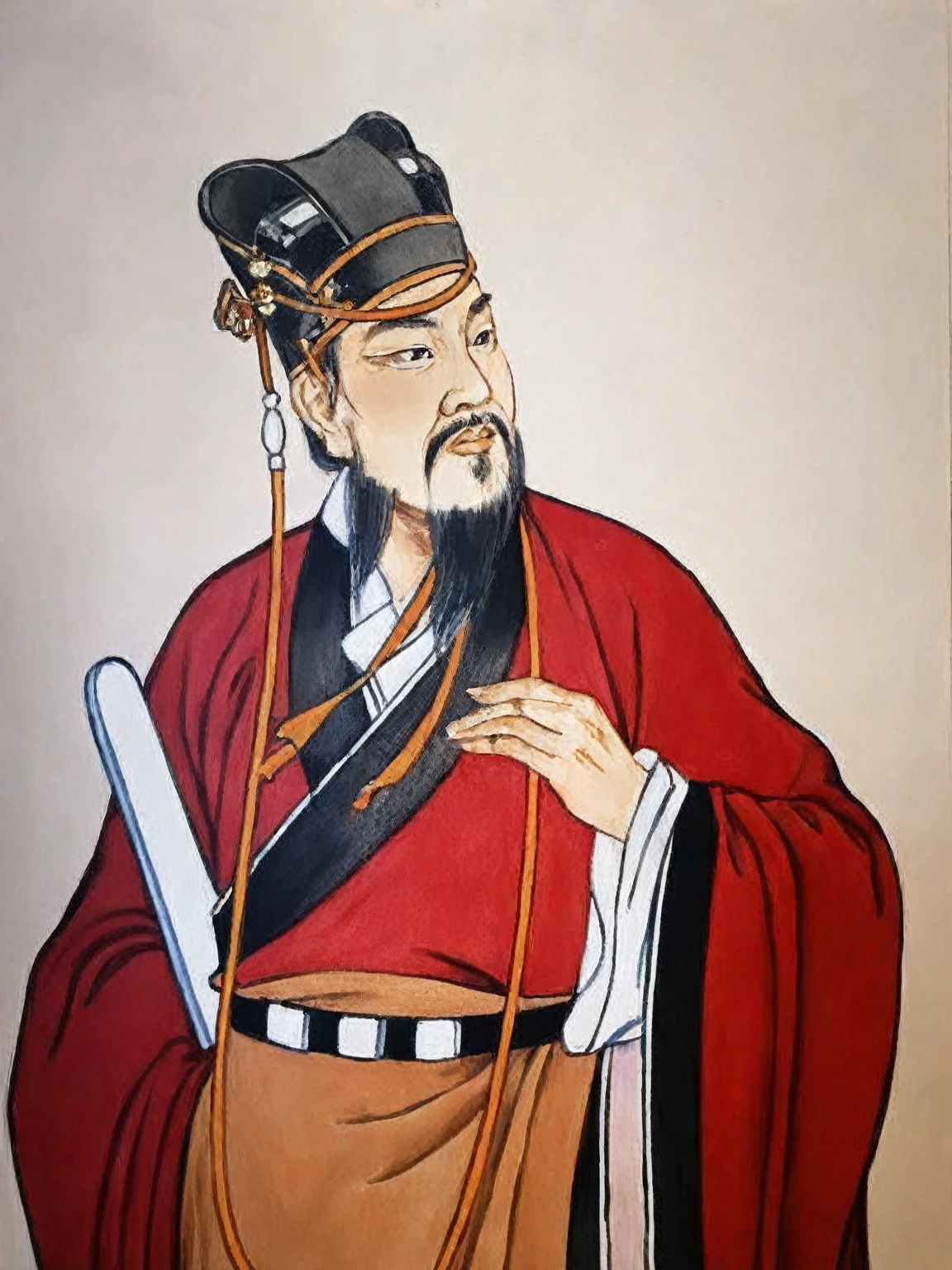 In the painting, a man in a red robe、Man holding a knife, Emperor Xuande, Inspired by Wu Daozi, Inspired by Wu Bin, inspired Emperor Xuande, Inspired by Zhao Yuan, Inspired by Li Cheng, Inspired by Ma, Confucius and Trial by Jury, inspired by Cao Zhibai, Inspired by Dong Yuan