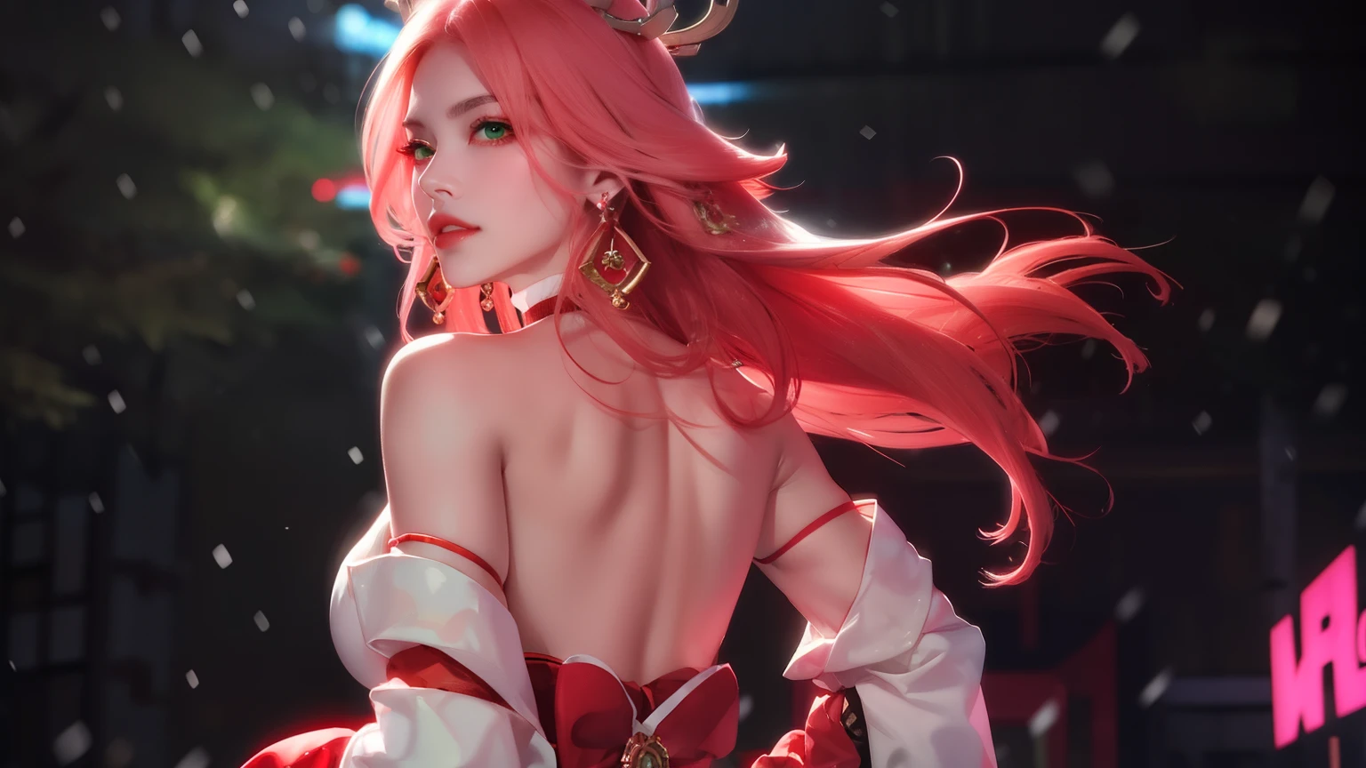 ((winter background)), ((Japan snowing forest background)), (((luminous background))), (turning back, (back shot), ass focus, brow front,:1.2), (Masterpiece, Excellent, 1girl, solo, complex details, color difference), realism, ((medium breath)), off-the-shoulders, big breasts, sexy, Yae Miko, long pink hair, red headdress, red highlight, hair above one eye, green eyes, earrings, sharp eyes, perfectly symmetrical figure, choker, neon shirt, open jacket, turtleneck sweater, graffiti, dim lighting, alley, looking at the audience, ((mean, seductive, charming)), tulle, bare shoulders, blooming flower fields, radiant skin, faint smile, sexy, bust, no breast cover, naked, cocked ass, tummy look