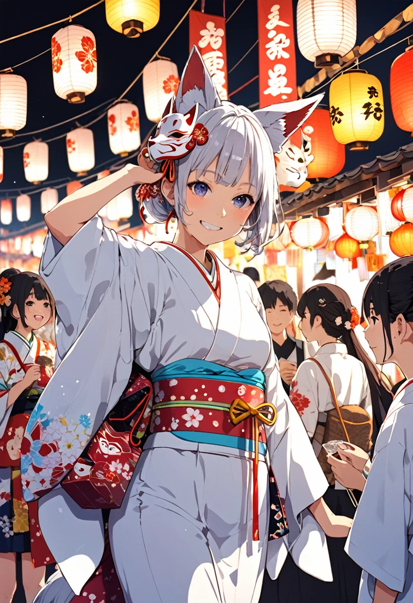 Japan Kawagoe Summer festival Bon dance scaffold Cool down Japan風 Lantern Fox Mask The girl in the white kimono is in the center of the image.