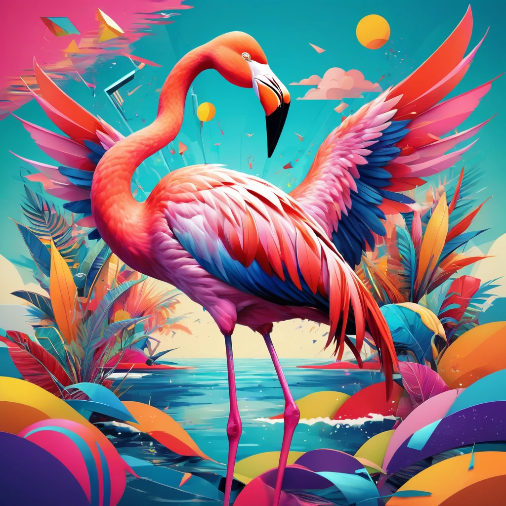 Pop art piece featuring bold, vibrant colors and varied textures, of a flamingo open wings mixed with abstract forms evoking Andy Warhol's quirkiness, a pop art illustration with bohemian elements and repeating patterns, free-spirited aesthetics, low poly art, trending on ArtStation and Behance portfolios, ray tracing for glossy textures, sharp focus, elements interlaced with music motifs, pastel color scheme radiating across, music motifs, sharp focus, ultra clear, 4K resolution and 4D elements, "anything goes" theme, mixed media style, digital painting, ultra fine.