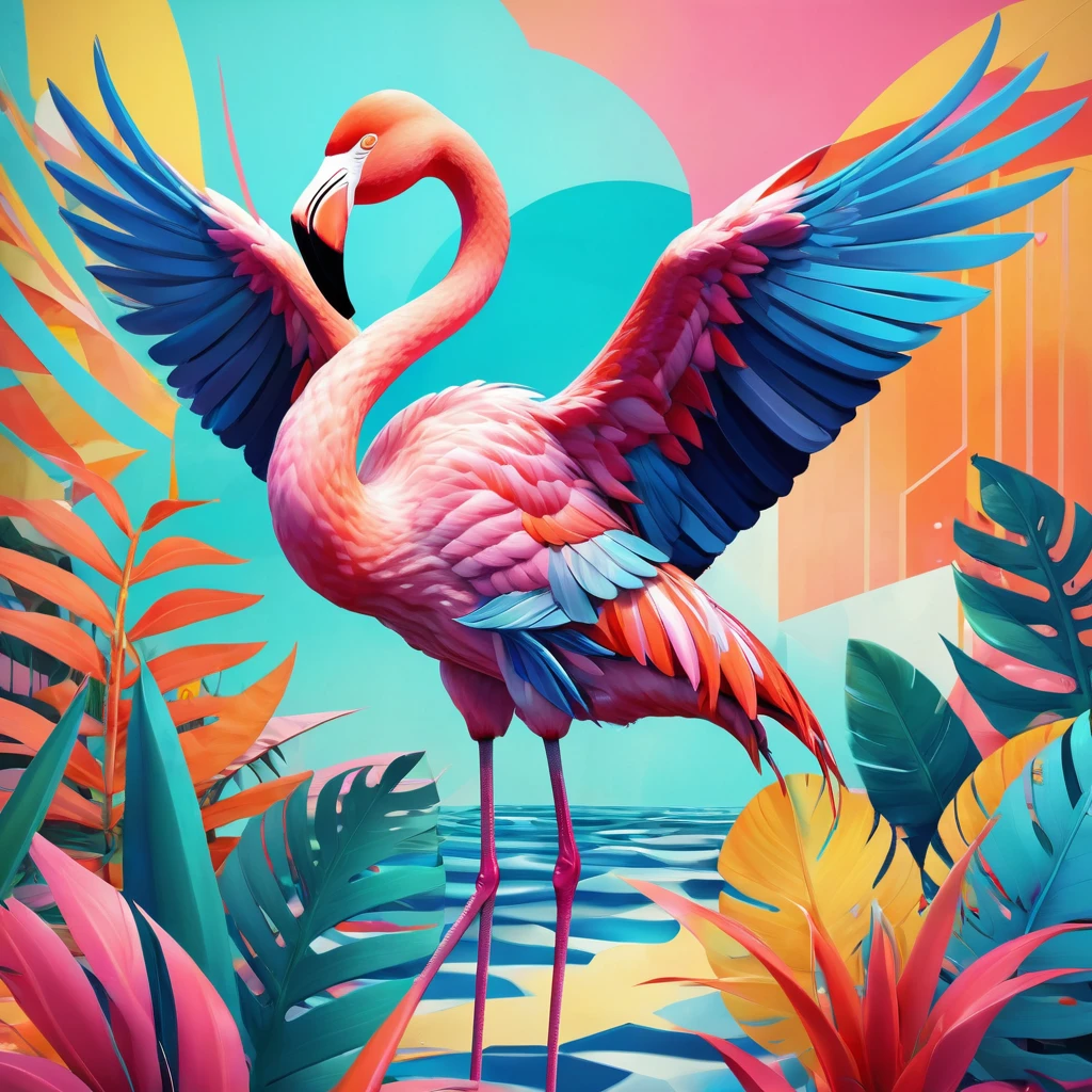 Pop art piece featuring bold, vibrant colors and varied textures, of a flamingo open wings mixed with abstract forms evoking Andy Warhol's quirkiness, a pop art illustration with bohemian elements and repeating patterns, free-spirited aesthetics, low poly art, trending on ArtStation and Behance portfolios, ray tracing for glossy textures, sharp focus, elements interlaced with music motifs, pastel color scheme radiating across, music motifs, sharp focus, ultra clear, 4K resolution and 4D elements, "anything goes" theme, mixed media style, digital painting, ultra fine.