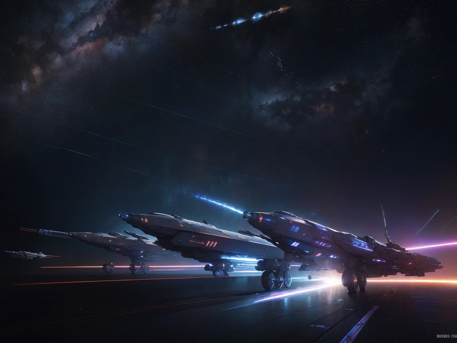 masterpiece, best quality, lineart, sketch, science fiction, space, spacecraft, (starry sky, nebula:1.2), speed lines, bullet tracers, bullets, laser beams, missile flames, spaceship, space jet planes, space battleship, dramatic lighting, volumetric, bokeh, blurry background, 200mm lens, spffwl, 