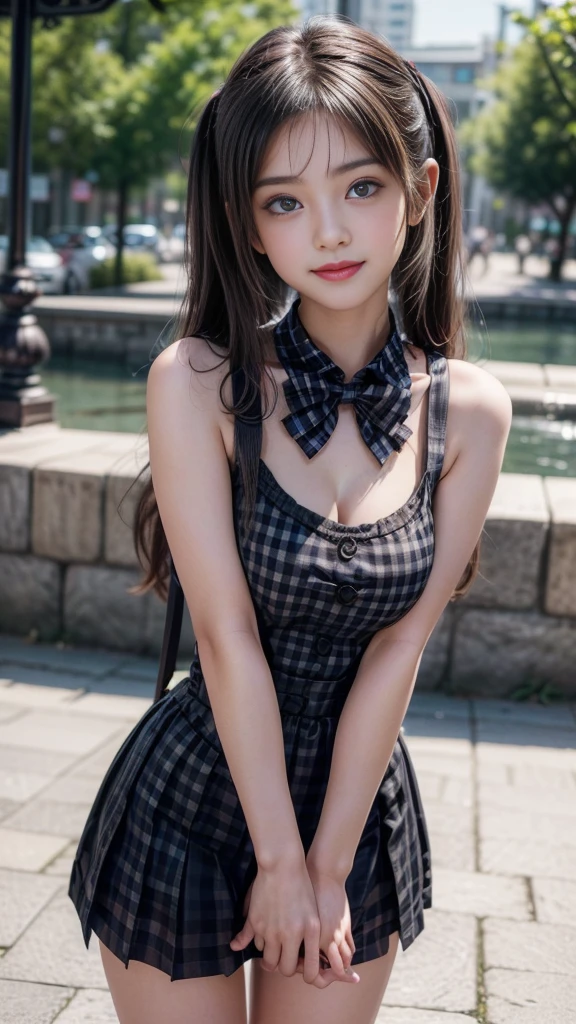 ((A beautiful girl wearing suspenders to accentuate her breasts)), (Cute school girl, , Baby-faced g1.5, Idol Face:1.2), (Cute black outfit with gingham check:1.3), Short pigtails, Small beautiful breasts, Slender body line, Ultimate Beauty, ((Detailed eyes and face:1.2, Professional photography techniques)), Beautiful eyes wide open, Captivating Lips, Wink with a cute smile, (Highest quality, 8K, masterpiece:1.2, RAW Photos), (Photorealism:1.4), (Detailed hands and arms:1.1), (Delicate and beautiful hands of a girl:1.2), (Perfect Anatomy:1.2), ((Dynamic Pose))