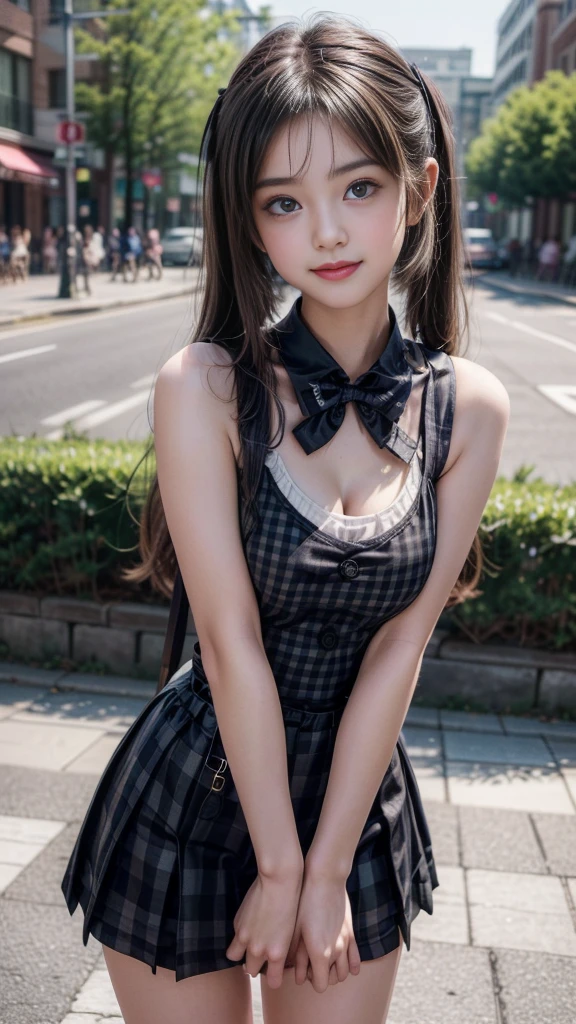 ((A beautiful girl wearing suspenders to accentuate her breasts)), (Cute school girl, , Baby-faced g1.5, Idol Face:1.2), (Cute black outfit with gingham check:1.3), Short pigtails, Small beautiful breasts, Slender body line, Ultimate Beauty, ((Detailed eyes and face:1.2, Professional photography techniques)), Beautiful eyes wide open, Captivating Lips, Wink with a cute smile, (Highest quality, 8K, masterpiece:1.2, RAW Photos), (Photorealism:1.4), (Detailed hands and arms:1.1), (Delicate and beautiful hands of a girl:1.2), (Perfect Anatomy:1.2), ((Dynamic Pose))