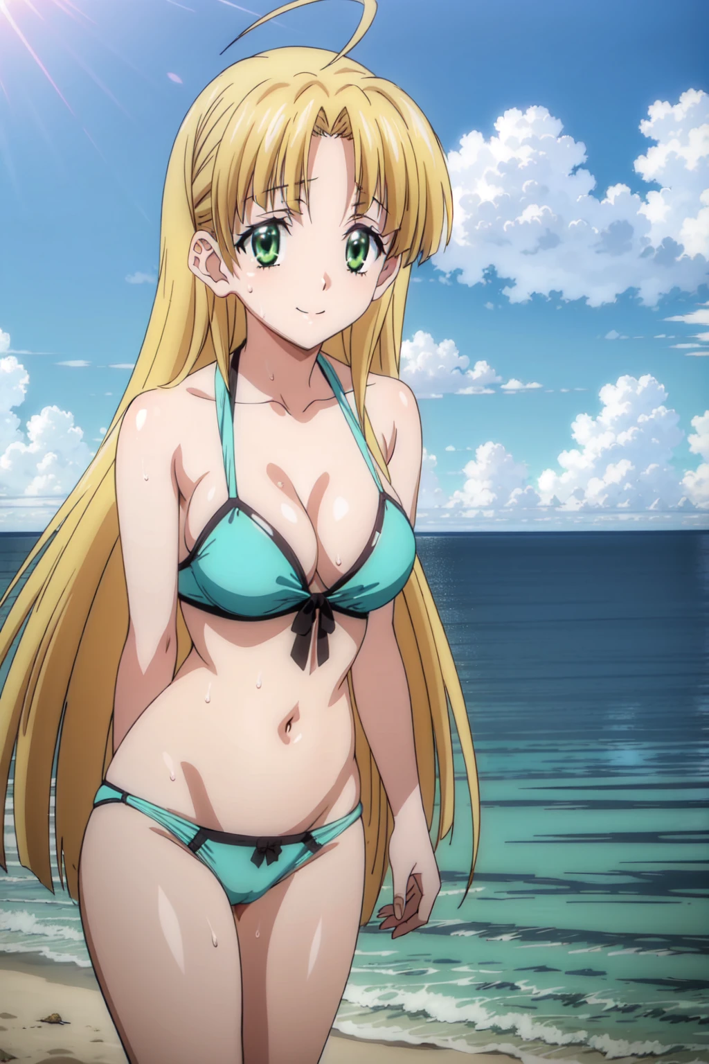 eft_dxd_blonde, 1girl, solo, green eyes, long hair, blonde hair, ahoge,breasts, very long hair, bangs, Smiling, looking at the viewer, blue theme, blue background, cloudy sky, sunlight, sweat, orgasmic, bikini swimsuit, medium breasts, cleavage, belly button exposed, collarbone, thighs, sea and beach,