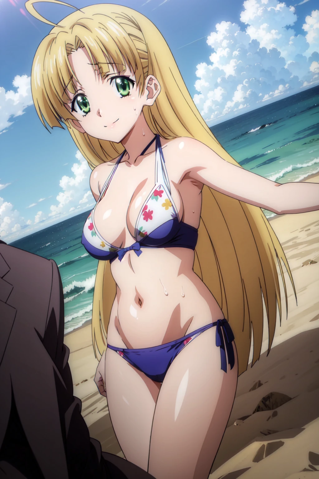 eft_dxd_blonde, 1girl, solo, green eyes, long hair, blonde hair, ahoge,breasts,  very long hair, bangs, Smiling, looking at the viewer, blue theme, blue background, cloudy sky, sunlight, sweat, orgasmic, bikini swimsuit, medium breasts, cleavage, belly button exposed, collarbone, thighs, sea and beach,