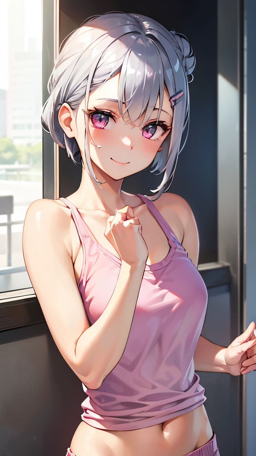 1girl、Short silver bob hair tied in a bun with a hair clip, Pink Eyes、smile、really like、Pink tank top、hot pants、Upper body close-up、Morning Cafe Terrace、Background blur, Written boundary depth