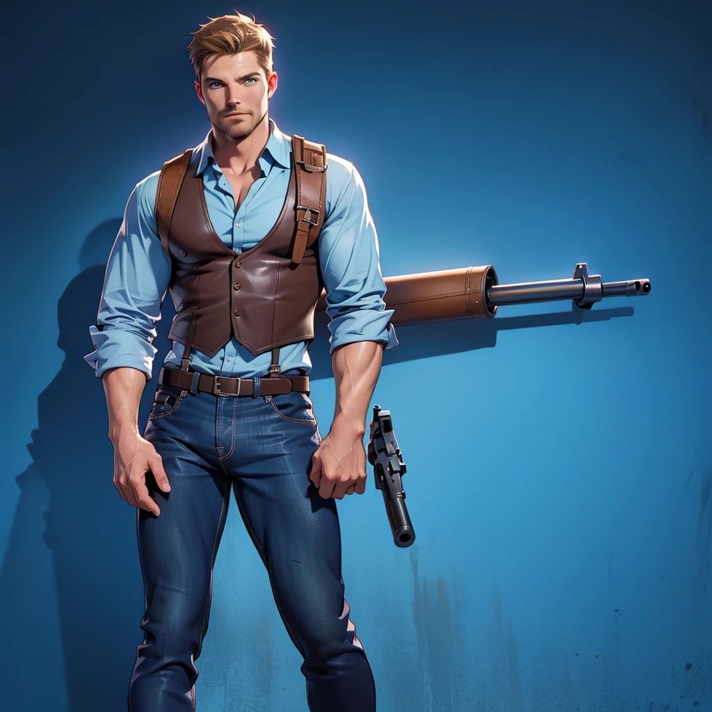 1 man, male focus solo, middle aged man,Stephen AMELL as private investigator, lean muscle,very light blue shirt, brown leather shoulder holster, faded vintage blue jeans with bulge, full body shot, dark blond short hair, facial hair, holding a gun with two hands, (gun:1.2), ultra high quality, masterpiece, low camera angle, intense splashed blue and white paint in the blackground