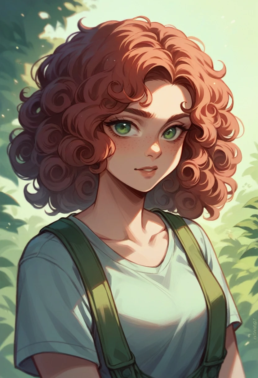 Curly red hair, vivid green eyes female