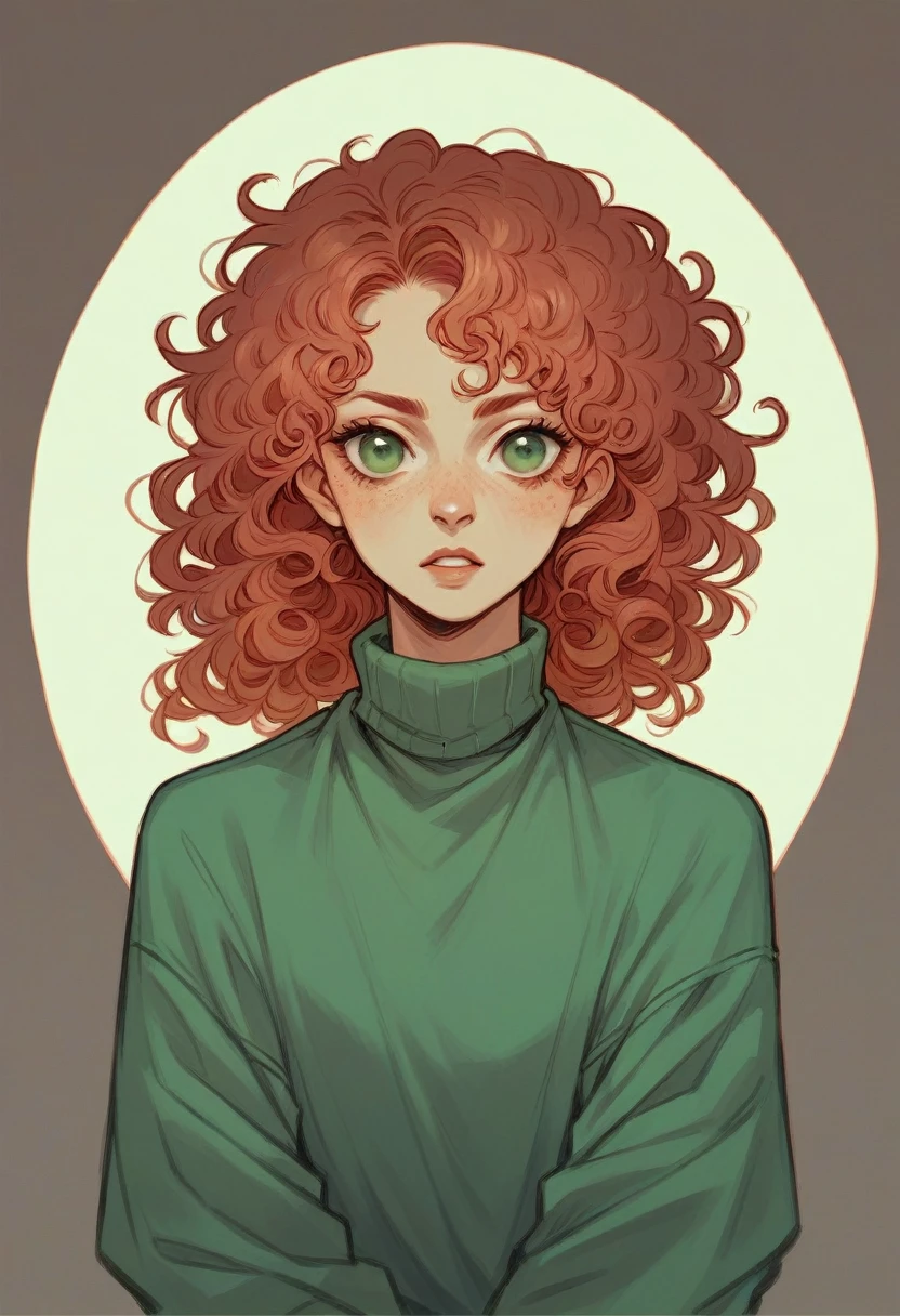 Curly red hair, vivid green eyes female