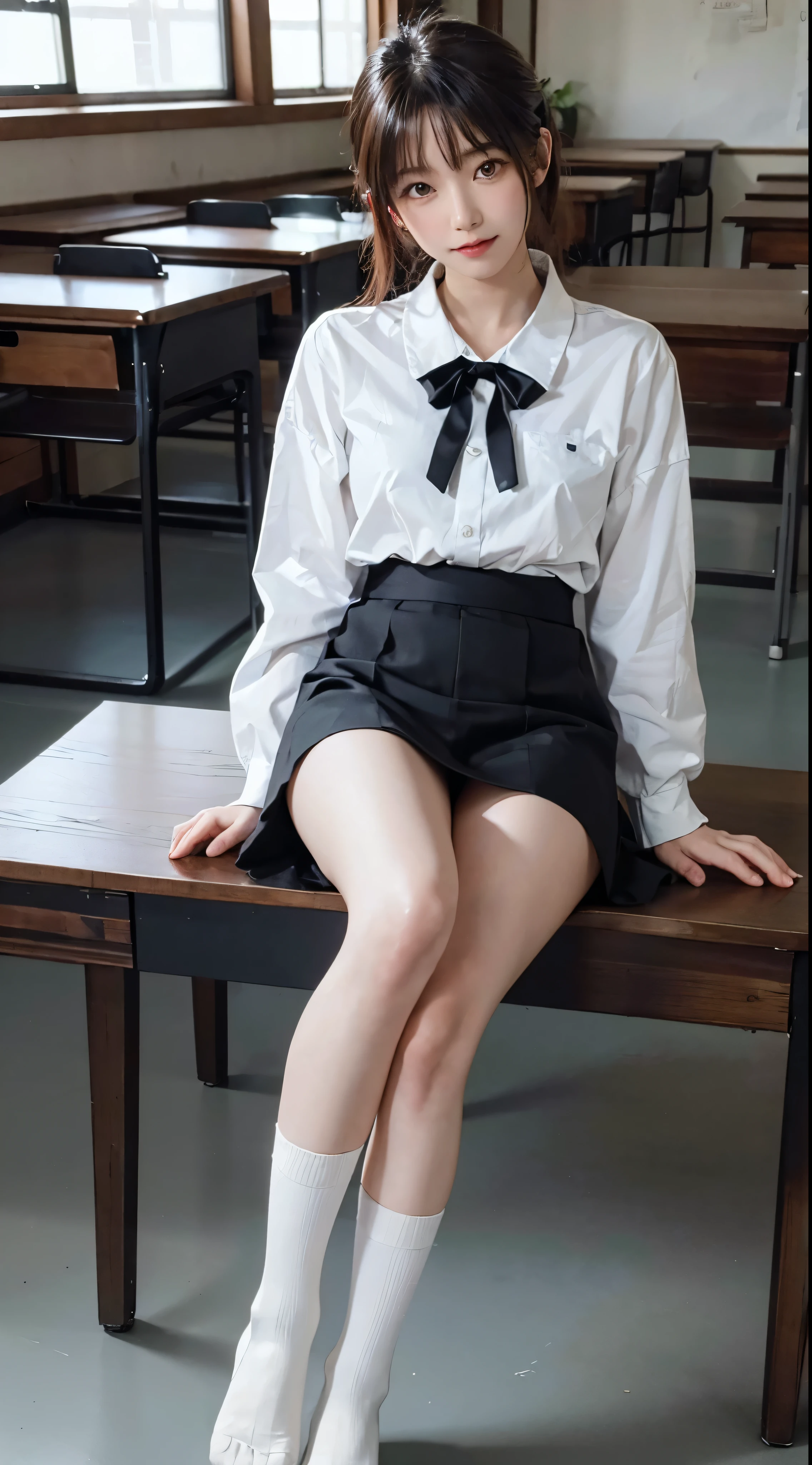 Beautiful high school girl beauty contest finalyto((masterpiece)), ((Highest quality)), ((High resolution)), ((Ultra-high definition CG Unity 8K wallpaper)), solo, Orange, Blue blazer and navy skirt, White socks, A small smile, Full-body high-resolution image on the rooftop