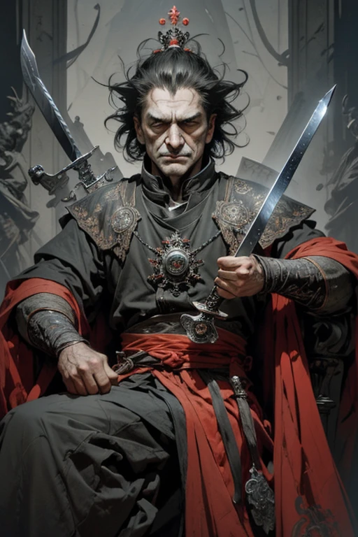 Masterpiece, Ultra-Detailed portrait, detailed illustration, high quality, high resolution 16k man in a crown sits on a throne with a sword, the great stokor king, lord of hell on the throne, The Medieval Old King, King Richard the Lionheart, the king of death, The King of Hell, Richard IV king of Rome, Sitting on the Iron Throne, Anato Finnstark!!, Robert De Niro as Medieval Joker, Jaime Lannister