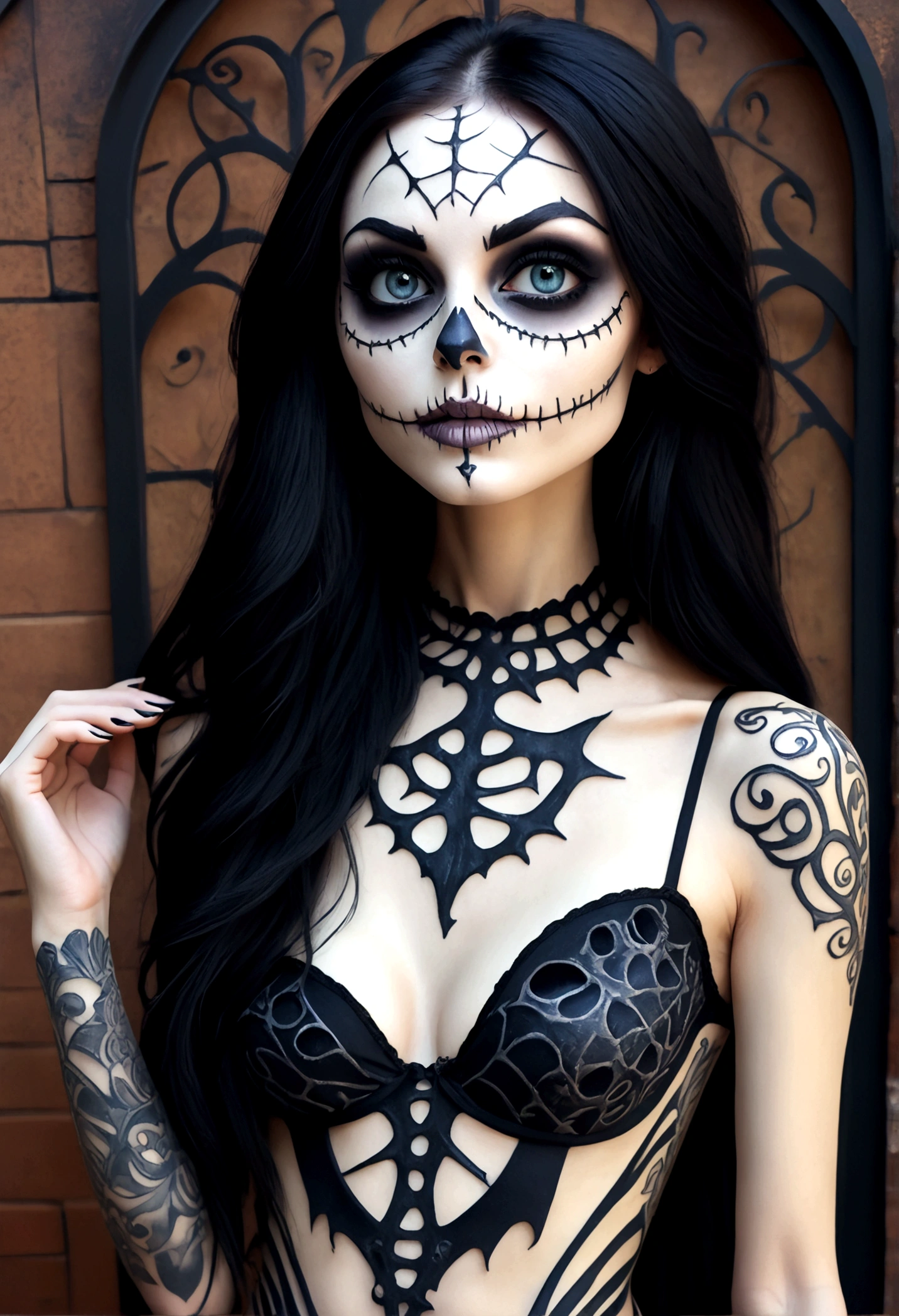Create a hyper detailed photograph of a jack Skellington tattoos young stunning gorgeous sexy sally Skellington, Stunningly perfect gorgeous face, perfect skeleton make up, detailed vibrant eyes, long black hair,detailed perfect beautiful legs, detailed perfect beautiful arms, realistic torso, detailed pale silky smooth skin, detaile perky breast, perfect round ass, transparent strappy lace lingerie, facing backwards looking forward,