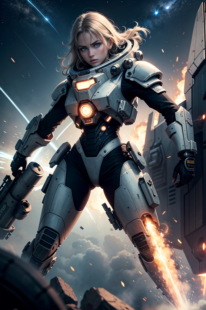 (((best quality))),(((ultra detailed))),(((masterpiece))),illustration,space battle,futuristic spacecrafts,sleek design,powerful cannon,determined pilots,battered ship,erratic weapon fire,dark background,flashes of weapons fire,engine trails,intense battle,hypnotic effect,survival stakes,excitement,tension,human ingenuity,exploration risks,sacrifices,raw power,indomitable spirit,unknown frontier