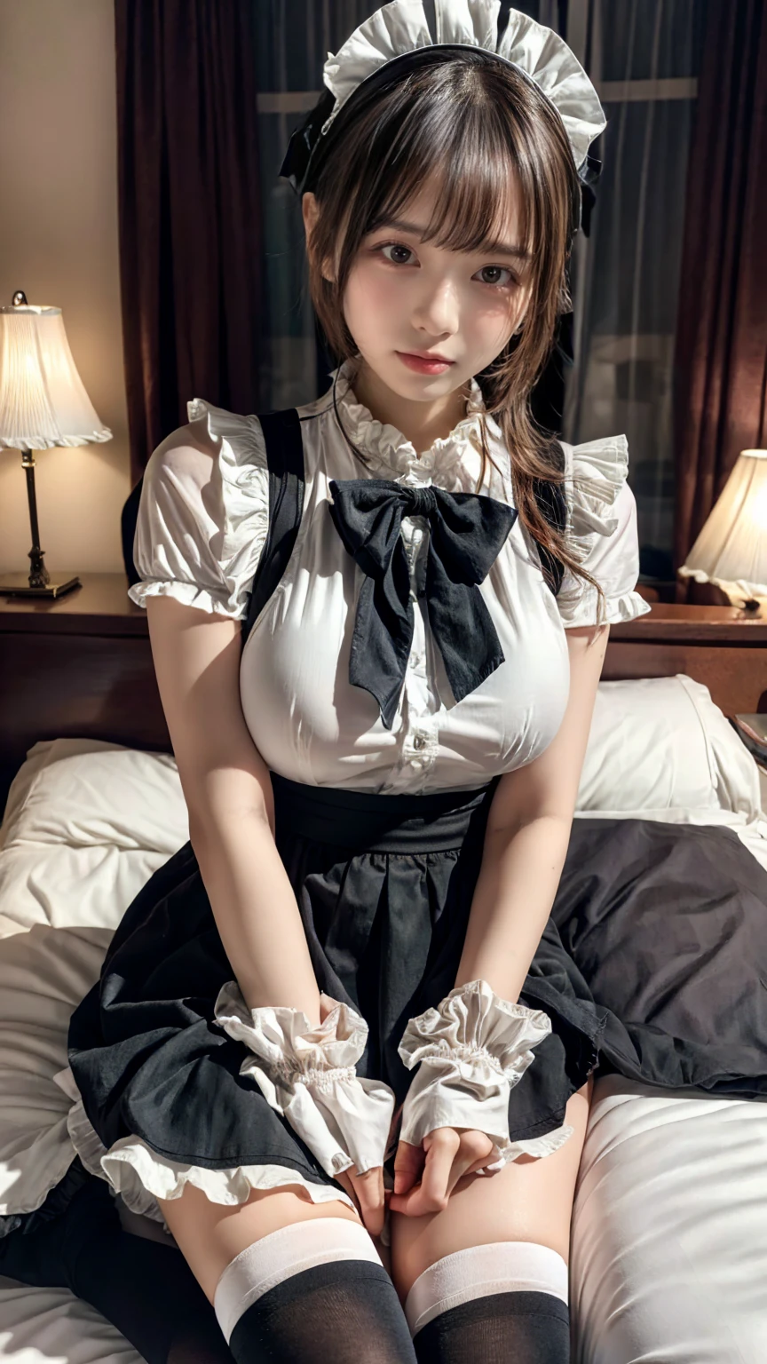 (8K, RAW Photos, Highest quality, masterpiece:1.2), (professional photography, full colors, studio-caliber color grading), (Gravure quality for high-end fashion magazines), close up, BREAK,18 year old girl, short hair, (wavy hair:1.2), ponytail, crying a little, Harajuku style, Big Natural Color Lip, (Plumpy body:1.2 (smooth skin:1.1 (huge breasts:1 BREAK (bow ribbon, Maid, knee high socks:1.3 Aside Cutter Shirt, frill skirt, BREAK (hotel room:1)