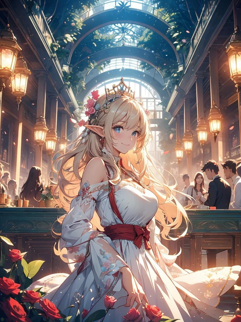 最high quality、1woman elf 、Make people appear larger on the screen、Beautiful foam、、CourtyardShining fairy wings、Flower fractal art　　、see-throughbodystocking,Beautiful side shot, radiance,High-definition depiction, Realistic, 8K, Unity, beautiful Shot, light smile, Beautifully and vividly drawn, , Beautiful, beautiful, clear skin、sexly,beautiful dress,Countless rays of light pouring down, Swirling Light, big background, Raise one arm above your head, Intense light is emitted from the magic circle in front of the girl.   forest、Lots of leaves、green leaves、flower、Particles of light、forest garden at night、Magic garden、Fairy tale、Big Breasts、sexly、Tea party、Tea Party、
Romanticism,Cowboy Shot: The most beautiful form of chaos, Mr..々colour, Intertwined flowers, Particle,magical gentle light,smile,sexly,image quality、masterpiece、Beautiful Face、Super beautiful elf woman((Big breasted 22 year old office lady、Bust 100,Beautiful long ironed hair 、bionde hair,height: 165cm。、sexly、Welcome with open arms、ANDsbian、、high quality、、Visual art、Written boundary depth、、ANDlf ANDars、、universe、Happy smile、gentle light、ANDlf forest、Lots of roses、elegant、ticker beautiful decorative、、magic、forest、beautiful tiara、Beautiful bed、Beautiful Landscape、A kind smile、wonderful、Fluttering petals、Dance happily、、Cultivate fantasy、、Mystery light　Lots of flowers、、art、forest, palace, fruit、table、Lunch、tea、Lots of dishes、happiness、party、art,mystery,Ultra-high resolution,atmosphere A colorful and dreamy anime-style illustration of a young girl with beautiful hair, amidst a vibrant, mechanical landscape. She is wearing a casual surrounded by a kaleidoscope of colors and glowing lights. The background is filled with whimsical details and a magical atmosphere. --ar 3:4 --style raw --stylize 600 --niji 6、throne  、flower .Lothlorien