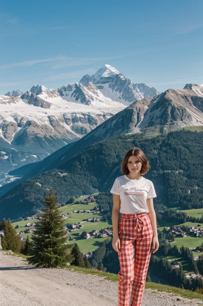 her name is Elektra, high quality, 1girl, ((20-year-old fit Caucasian woman)), ((20 years old)), ((fit)), short bob brunette hair, pose: standing, wearing pastel colored Vintage Band Tee with Checkerboard Patterned Trousers, background: From the picturesque Swiss Alps, where snow-capped peaks and charming alpine villages create a postcard-perfect scene.