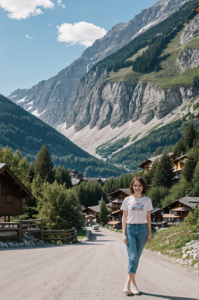 her name is Elektra, high quality, 1girl, ((20-year-old fit Caucasian woman)), ((20 years old)), ((fit)), short bob brunette hair, pose: standing, wearing pastel colored Vintage Band Tee with Checkerboard Patterned Trousers, background: From the picturesque Swiss Alps, where snow-capped peaks and charming alpine villages create a postcard-perfect scene.
