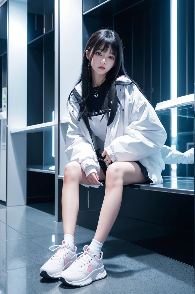 A beautiful Japanese girl is shown sitting in a futuristic interior.。Her long black hair falls naturally over her shoulders、Bangs fall on the forehead。Her big eyes are staring at the camera、It looks as if it is searching for something.。A light pink lipstick accentuates her lips.。

Her outfit consisted of a white jacket and shorts.、It has a futuristic design。Particularly eye-catching are:、With white straps around her legs、Highlights a unique style。White sneakers are also included.、The overall look is clean and stylish.。

Background、A futuristic corridor lit by pale neon lights.。There are complex wiring on the walls and ceilings.、It creates an atmosphere like the inside of a spaceship.。The blue light reflects off her face and dress.、It further emphasizes the fantastic atmosphere.。

her pose is relaxed、Place one hand on the floor、Sitting on one knee upright。This pose expresses her confidence and poise.、It matches the overall atmosphere。

This image is、The composition brings out the charm of this futuristic and cool girl.、Make a strong impression on the viewer。

-