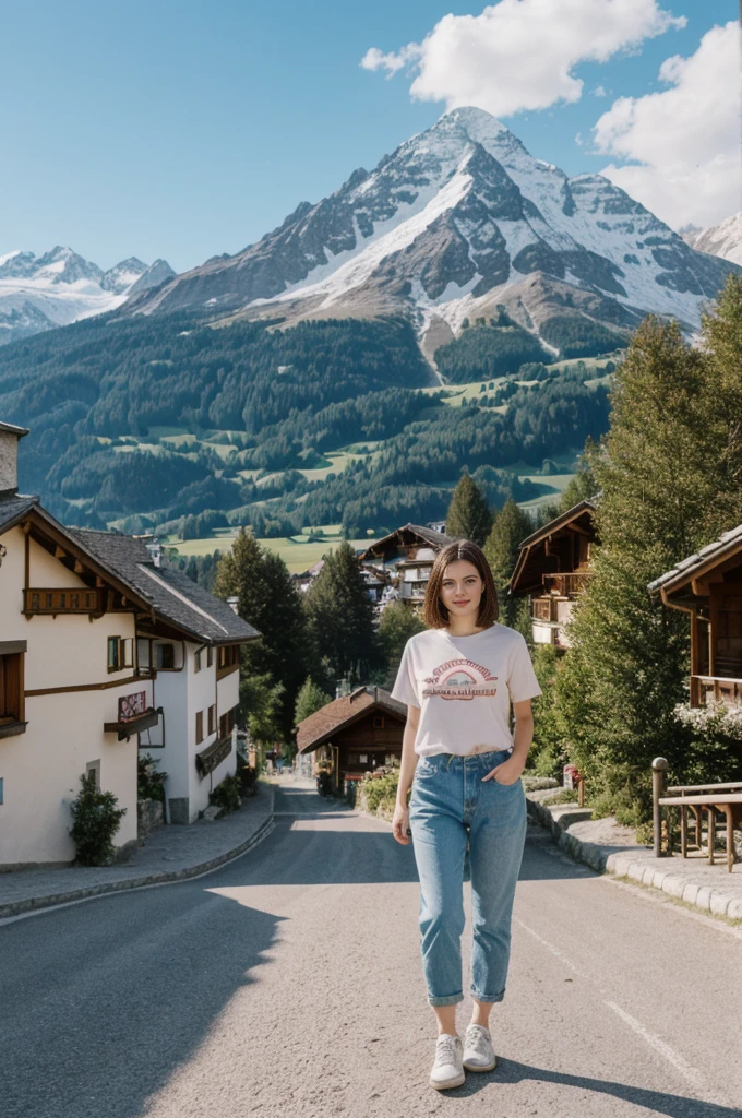 her name is Elektra, high quality, 1girl, ((20-year-old fit Caucasian woman)), ((20 years old)), ((fit)), short bob brunette hair, pose: standing, wearing pastel colored Vintage Band Tee with Checkerboard Patterned Trousers, background: From the picturesque Swiss Alps, where snow-capped peaks and charming alpine villages create a postcard-perfect scene.