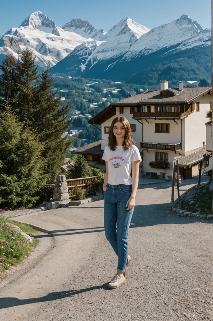 her name is Elektra, high quality, 1girl, ((20-year-old fit Caucasian woman)), ((20 years old)), ((fit)), short bob brunette hair, pose: standing, wearing pastel colored Vintage Band Tee with Checkerboard Patterned Trousers, background: From the picturesque Swiss Alps, where snow-capped peaks and charming alpine villages create a postcard-perfect scene.