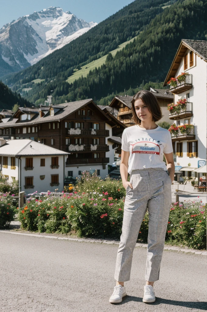 her name is Elektra, high quality, 1girl, ((20-year-old fit Caucasian woman)), ((20 years old)), ((fit)), short bob brunette hair, pose: standing, wearing pastel colored Vintage Band Tee with Checkerboard Patterned Trousers, background: From the picturesque Swiss Alps, where snow-capped peaks and charming alpine villages create a postcard-perfect scene.