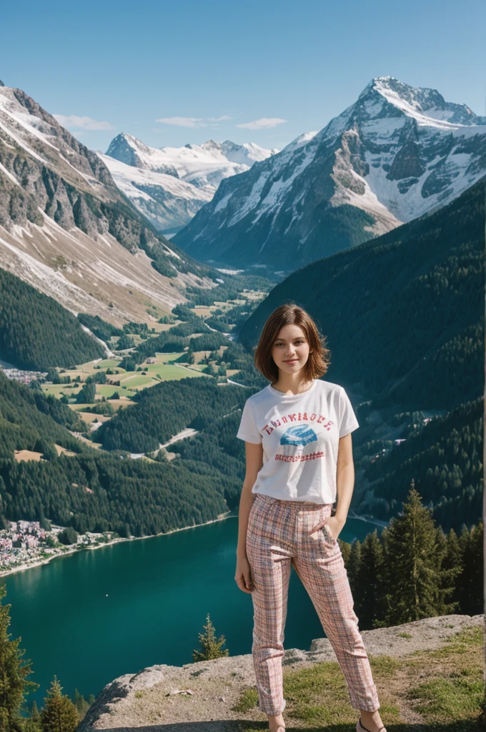 her name is Elektra, high quality, 1girl, ((20-year-old fit Caucasian woman)), ((20 years old)), ((fit)), short bob brunette hair, pose: standing, wearing pastel colored Vintage Band Tee with Checkerboard Patterned Trousers, background: From the picturesque Swiss Alps, where snow-capped peaks and charming alpine villages create a postcard-perfect scene.
