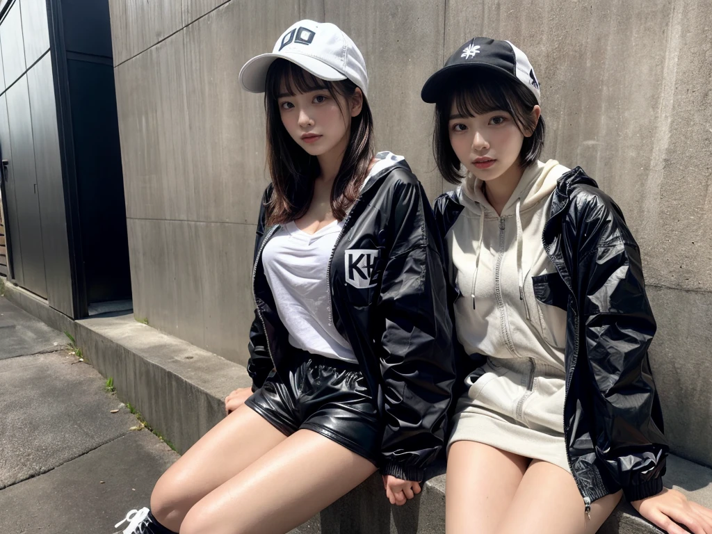 Masterpiece, 8K, award-winning photos, photorealistic, realistic, ultra detailed, ultra high definition, ray tracung, _ the most beautiful, Gravure quality for high-end fashion magazines, 22 years old ,(sexy,Japanese idol, gray hair, short hair),shiny skin , detailed skin , detailed face , perfect anatomy, 1girl~2girls,
_
BREAK (droopy eyes, Natural makeup:1.2),light color, crying a little, Harajuku style, huge breasts,
_
glowing blue eyes, tan skin,
_
BREAK (black and White theme:1.4), (oversized and baggy black outerwear:1.3), (fusion of black windbreaker and White hoodie:1.4), (black Nylon:1.4), ((zipper, large pocket):1.3), BREAK (black and white :1.2), (black platform high-cut sneakers:1.2),(Black leather short pants),(baseball cap),
Inorganic concrete studio with windows, highly detailed background, , ultra-realistic textures, dramatic lighting ,raw photo, _(dutch angle and curtsey ,on side:1.2), looking at viewer,