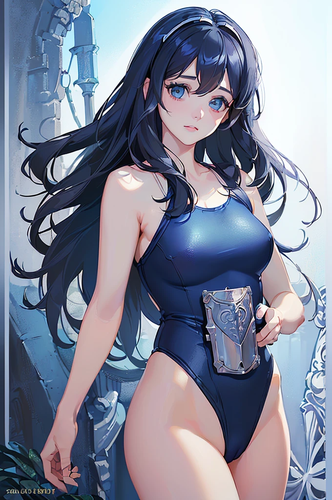 1(((masterpiece,best quality,highest quality,details)))fashion model ((( zooey deschanel 20 years old))), (((blue straight hair ))), (((very pale skin))),((((armor over one piece swimsuit))),[[[[closeup]]]], [[[[chest]]]], [[[[neck]]]], [[[[shoulders]]]], (((perfect light blue eyes))), perfect iris, perfect lips, perfect teeth, perfect skin, soft front light, glow, HDR, (muted colors:1.2)