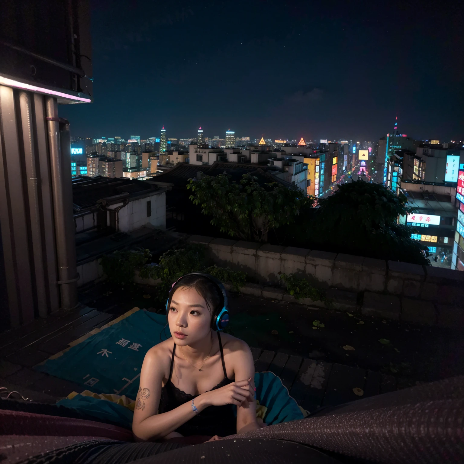 night, neon light, (taipei downtown scenery), (city rooftop), (a headphone on floor) (city skyline), (cinematic), (album cover)

