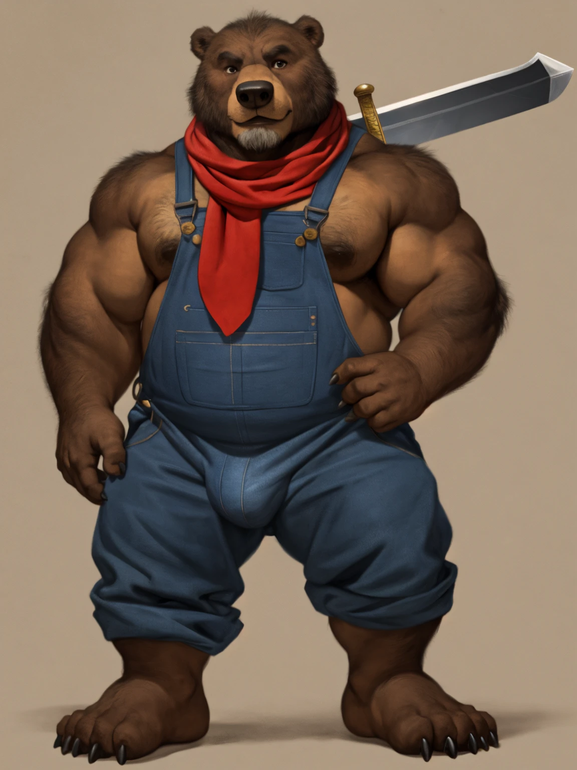 antro by the little bear_rusty), red scarf, (Old bear with sword), old daddy , obese and muscular , naked, simple background, ultra detailed, pose natural, (voluminous:1.3) body_sexy , standing, by honovy, correct claws in five of paws in dark , manly, Bulge, bulk, fur in brown, claws in five, blue overalls, hacha, nice nose_dark brown