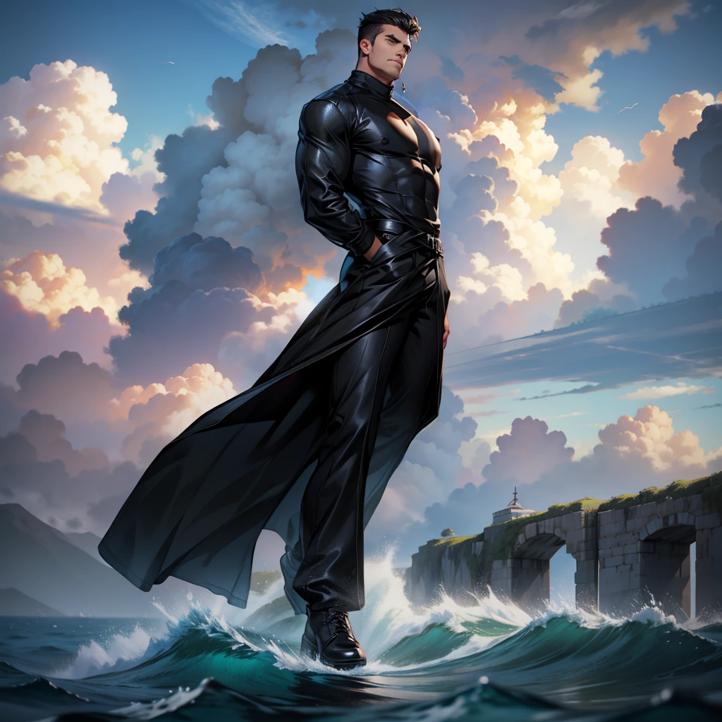 Boy 26 years old, juvenile, serious face, Brown eyes, long black hair, Brown eyes, ((muscular)), Put your hands behind your back, apparel ((Black long turtleneck)), bootcut pants, Black tall boots, suspended on water, ocean, blue sky, cloudy 