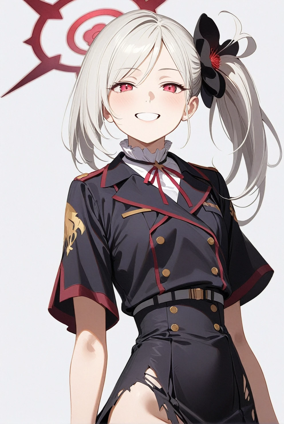 best quality, amazing quality, very aesthetic, absurdres, (1girl, mutsuki, blue archive, solo, red eyes, white hair, side ponytail), (realistic face), (grin, torn skirt), (cowboy shot), (glowing eyes:1.2), (half closed eyes:0.9), (thigh),perfect face, 4k, extremely detailed eyes, perfect anatomy, light rays, extremely delicate body, smooth skin, (gray background:1.5), clear eyes, beautiful face, small breasts, (Chiaroscuro:1.5), (highres:1.8), cinematic
