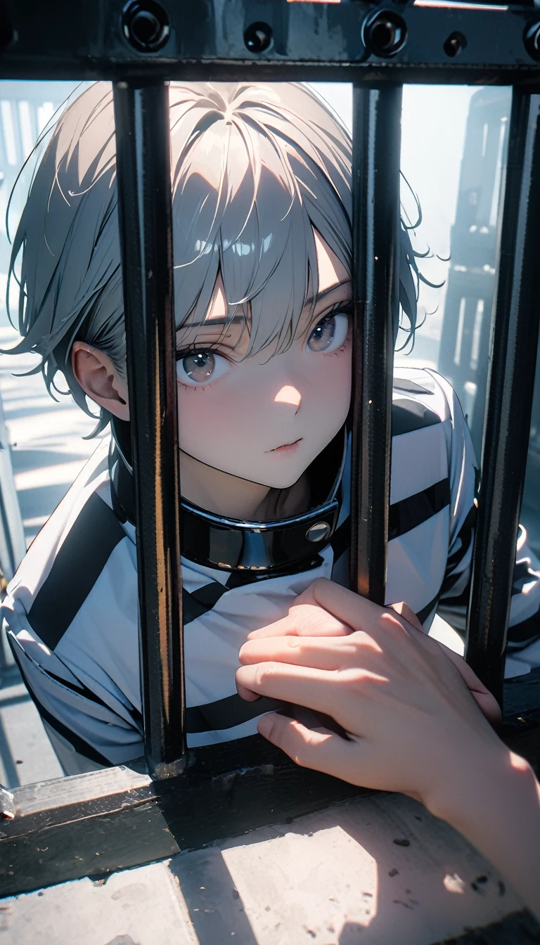 (8K, RAW photos, best quality, masterpiece: 1.4), (((Boy looking at his palm)))，Ultra-high resolution, Extremely detailed, light, Upper body close-up, handsome boy, black eyes, (delicate eyes, Eyes are bright:1.2), Gray short hair, Fair skin,dark, Black and white striped prison uniform,Black and white striped prison pants,(perfect anatomy:1.2), High-quality shadows, Natural Lighting, (White highlights:1.2), night, cloudy day, (Dark room:1.2), (The prison is surrounded by steel walls.:1.2)