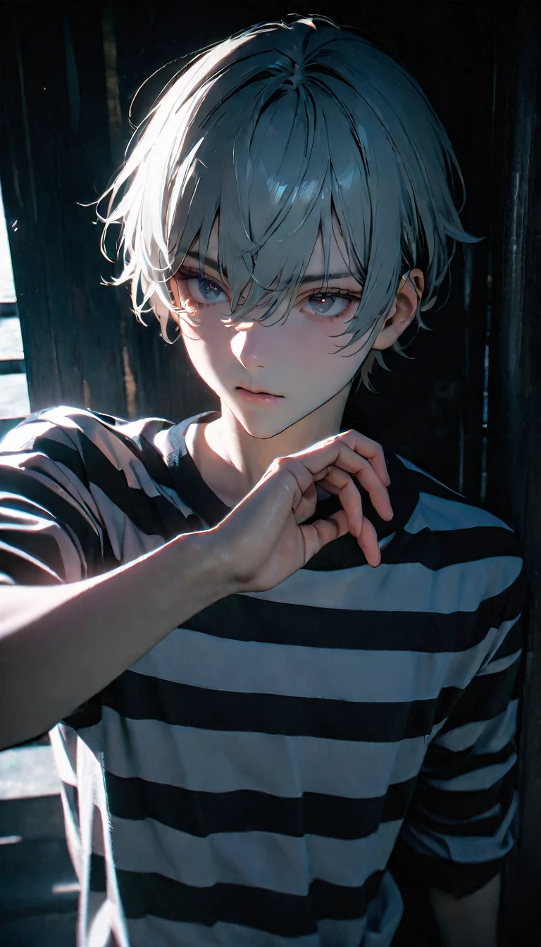 (8K, RAW photos, best quality, masterpiece: 1.4), (((Boy looking at his palm))),Ultra-high resolution, Extremely detailed, light, Upper body close-up, handsome boy, black eyes, (delicate eyes, Eyes are bright:1.2), Gray short hair, Fair skin,dark, Black and white striped prison uniform,Black and white striped prison pants,(perfect anatomy:1.2), High-quality shadows, Natural Lighting, (White highlights:1.2), night, cloudy day, (Dark room:1.2), (The prison is surrounded by steel walls.:1.2)
