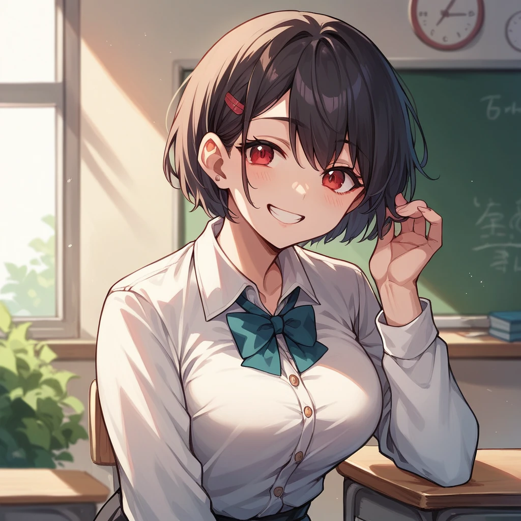 Fresh cute guy, teacher's uniform, black short hair, red eyes, smiling