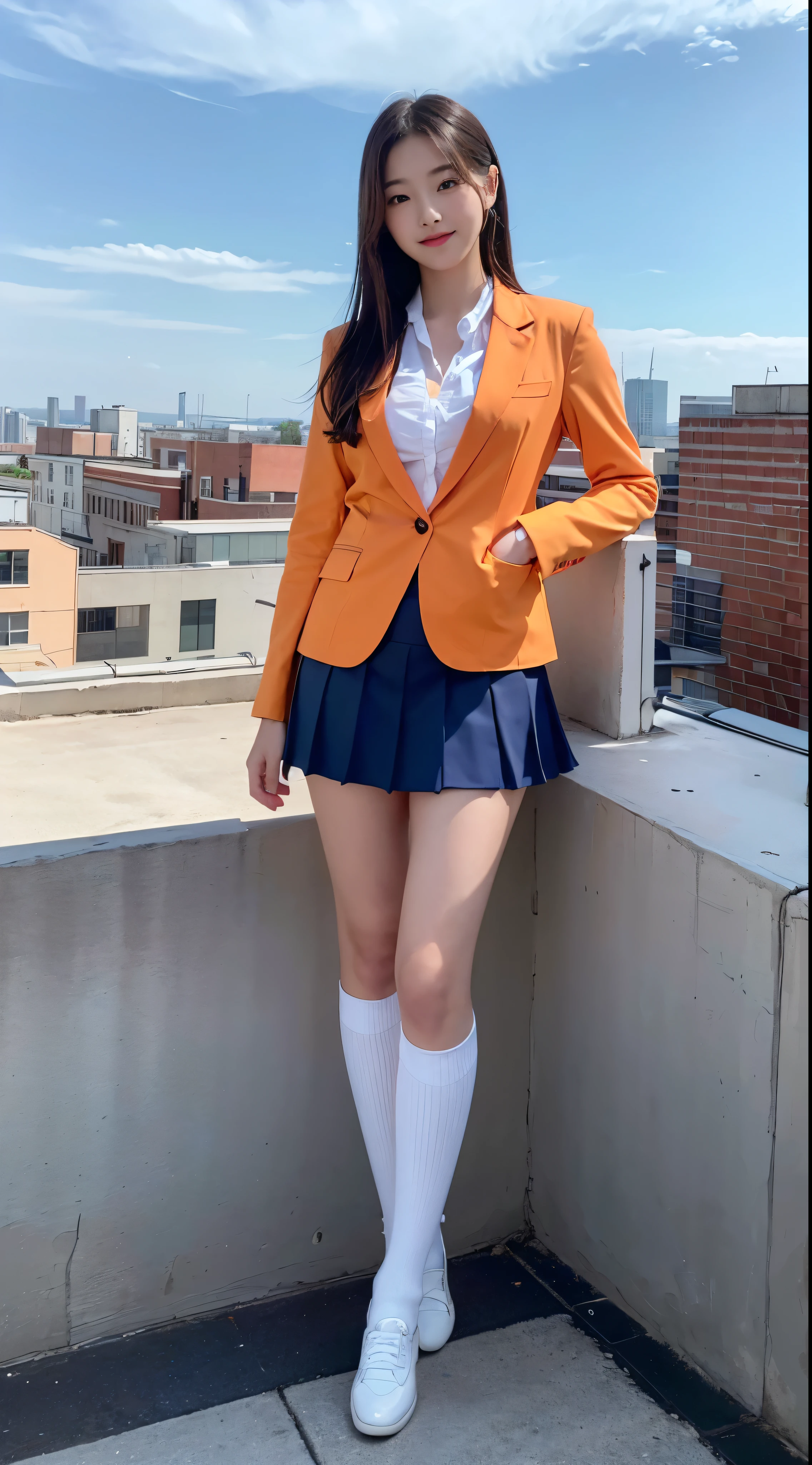 Beautiful high school girl beauty contest finalyto((masterpiece)), ((Highest quality)), ((High resolution)), ((Ultra-high definition CG Unity 8K wallpaper)), solo, Orange, Blue blazer and navy skirt, White socks, A small smile, Full-body high-resolution image on the rooftop