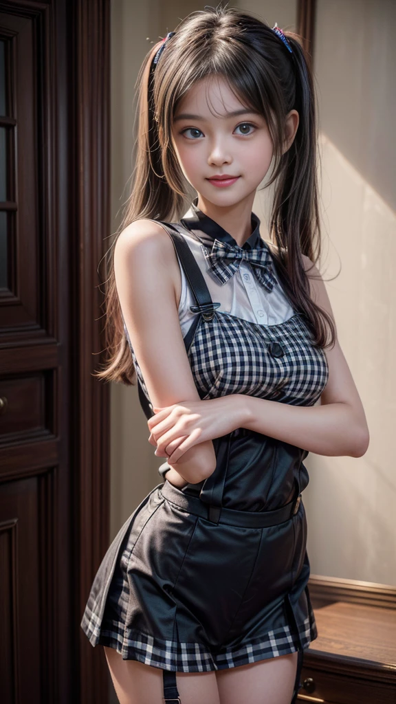 ((A beautiful girl wearing suspenders to accentuate her breasts)), (Cute school girl, , Baby-faced g1.5, Idol Face:1.2), (Cute black outfit with gingham check:1.3), Short pigtails, Small beautiful breasts, Slender body line, Ultimate Beauty, ((Detailed eyes and face:1.2, Professional photography techniques)), Beautiful eyes wide open, Captivating Lips, Wink with a cute smile, (Highest quality, 8K, masterpiece:1.2, RAW Photos), (Photorealism:1.4), (Detailed hands and arms:1.1), (Delicate and beautiful hands of a girl:1.2), (Perfect Anatomy:1.2), (Dynamic Pose)