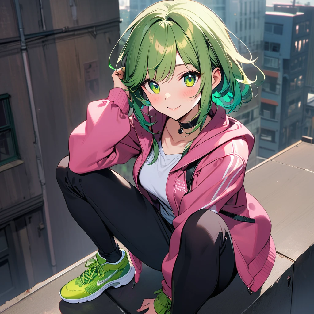 (well done: 1) woman, shoulder-length, slightly wavy green hair with green tips, green barrette in her hair, green eyes, black choker, white shirt, pink jacket with green details, black pants, green sneakers. sitting on top of a building.
